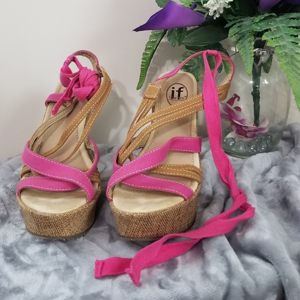 Pink and Tan Strappy Wedges